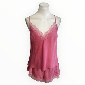 VICTORIA’S SECRET Pink Lace Trim Sleepwear Set PJ’s Cami Shorts M Silky Lounge